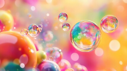 Colorful Bubbles Float in a Dreamlike Pastel Setting