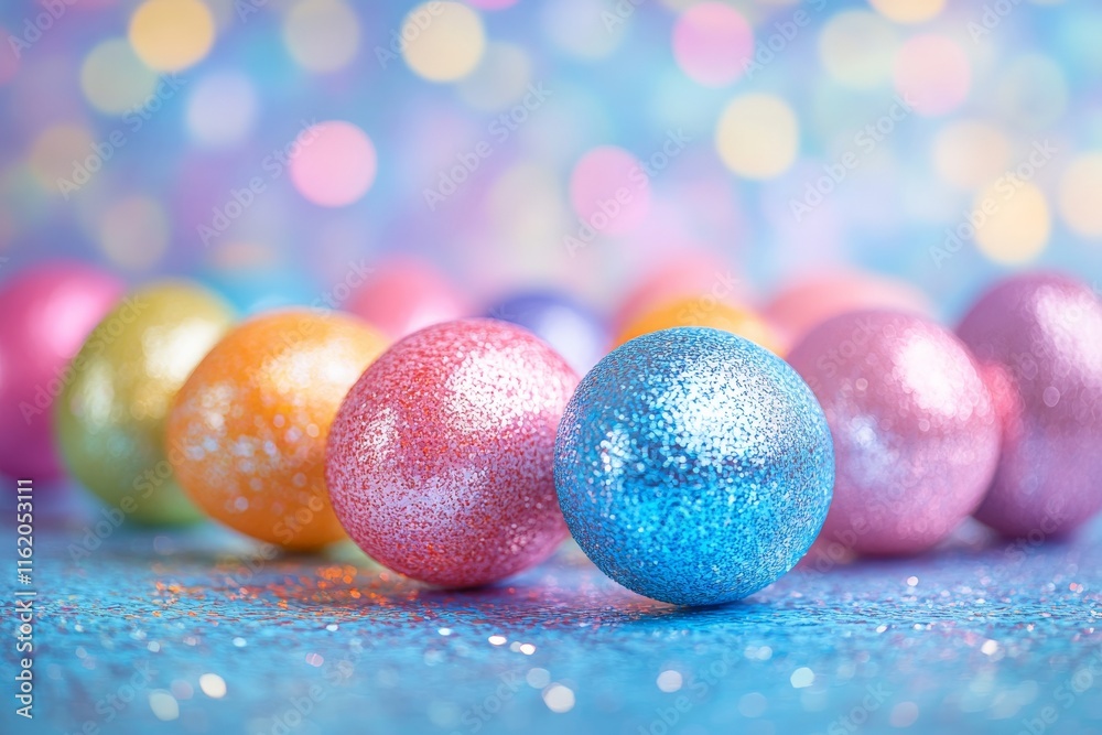 Poster Colorful glitter easter eggs arranged on a sparkling surface with a blurred festive background