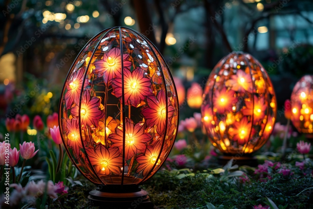 Poster beautiful lantern display featuring illuminated floral designs in a garden setting during evening ho