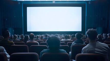 A movie theater showcases a large screen with people