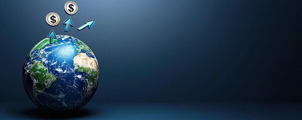 Globe with financial symbols and upward arrow on a dark background, representing global finance and economic growth.