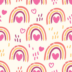 Seamless pattern cartoon of pink rainbow heart on beige color background. The sweetness of Valentine's Day pattern theme. Pattern design for fabric, wrapping paper, wallpaper and fashion prints.