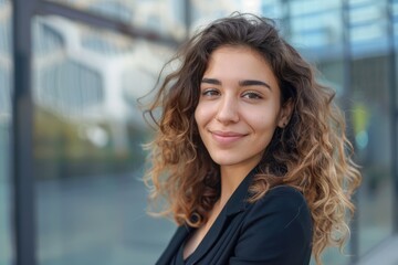 Outoor portrait of a beautiful smiling young business woman with modern building as background.