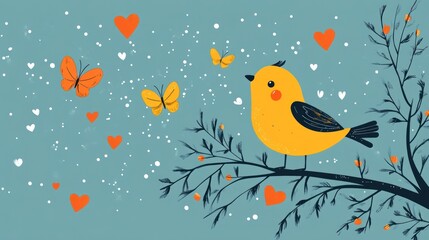 Fototapeta premium Cute yellow bird on branch with hearts and butterflies.