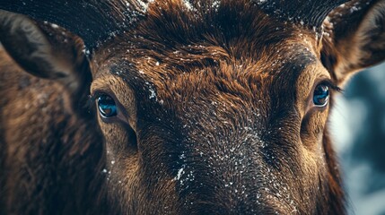 Deer with blue eyes is standing in the snow. The blue eyes are the most prominent feature of the...