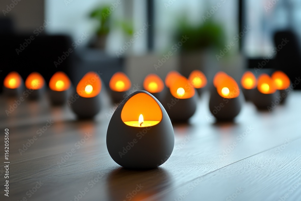 Poster candlelit ambiance created by unique gray candles arranged in a cozy setting during evening hours