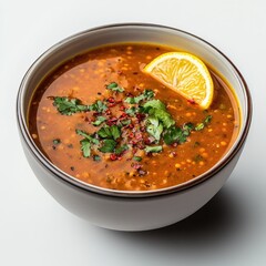 Lentil soup in bowl, garnished with lemon and herbs.