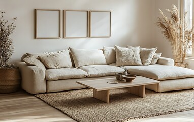 Modern living room interior with beige sofa, wooden coffee table, and neutral decor.