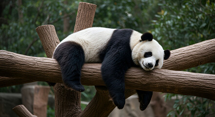 Obraz premium Lazy Panda Bear Sleeping on a Tree Branch, 