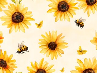 seamless pattern with sunflowers and bees