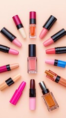 Obraz premium Inclusive cosmetics pattern background concept. Colorful lipsticks and nail polishes arranged on a pastel background.