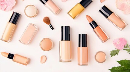 Obraz premium Inclusive cosmetics pattern background concept. Cosmetic products arranged artistically on a light background.