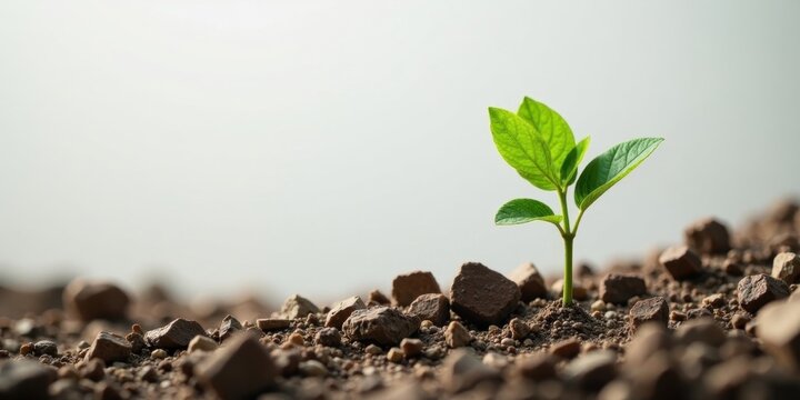 A resilient seedling bravely emerges from rocky soil, symbolizing perseverance and the unwavering power of new life in challenging environments.