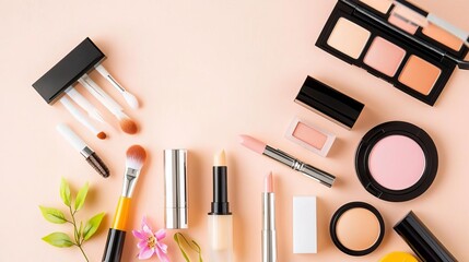 Inclusive cosmetics pattern background concept. Cosmetics and beauty products arranged aesthetically on a pastel background.