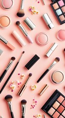 Inclusive cosmetics pattern background concept. Colorful makeup products arranged on a pink background.