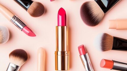 Inclusive cosmetics pattern background concept. Colorful makeup products arranged artistically on a surface.