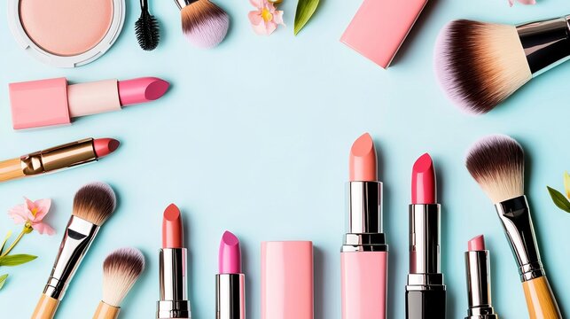 Inclusive cosmetics pattern background concept. Colorful makeup products arranged on a pastel background. - Powered by Adobe