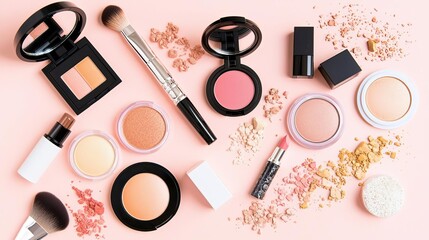 Inclusive cosmetics pattern background concept. Beauty products arranged artistically on a soft pink background.