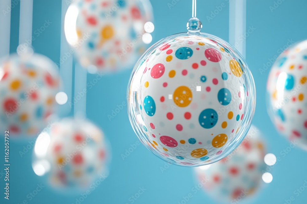 Poster colorful hanging ornaments with polka dots create a playful atmosphere in a bright blue setting
