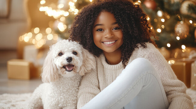 Smiling african american girl model sitting with her dog near decorated christmas tree in luxury house