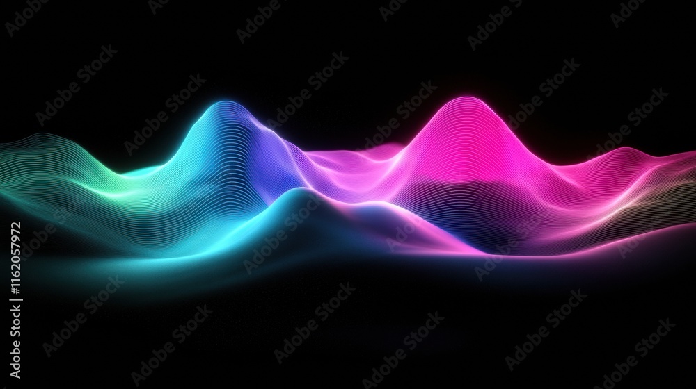 Leinwandbilder Pulsating 3D light waves create a vibrant neon glow in a dark digital landscape. Generative AI