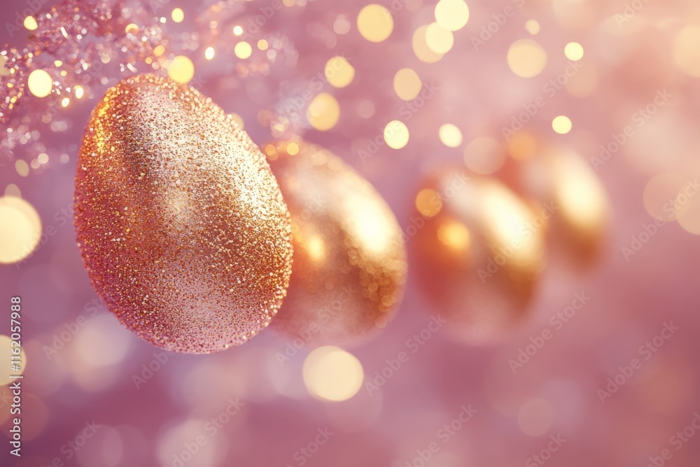 Poster shimmering golden eggs adorn a festive spring background filled with soft lights and pastel colors