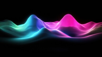 Pulsating 3D light waves create a vibrant neon glow in a dark digital landscape. Generative AI