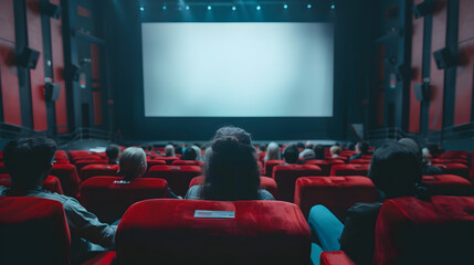 Obraz premium A movie theater showcases a large empty screen with audience