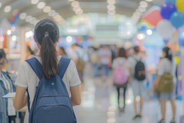 Blur background education consultant at career fair helping parents and students.
