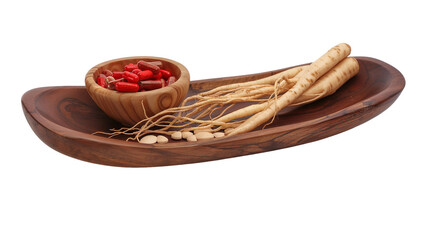 Red ginseng displayed on a wooden dish with a bowl of herbal medicine, showcasing its ability to enhance immunity, support fatigue recovery, and alleviate body weakness through natural remedies.