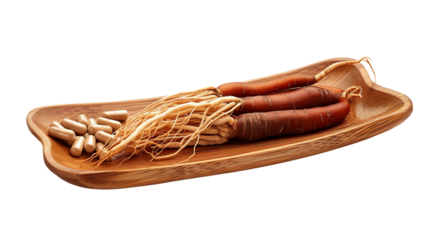 Red ginseng displayed on a wooden dish with a bowl of herbal medicine, showcasing its ability to enhance immunity, support fatigue recovery, and alleviate body weakness through natural remedies.