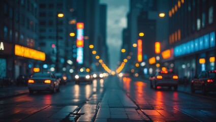 Urban Dusk: Neon Streets and Reflective Pavement