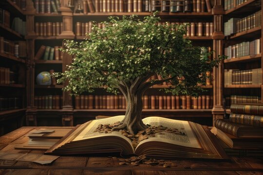 Tree of knowledge in library with textbooks  archives  and bookshelves.