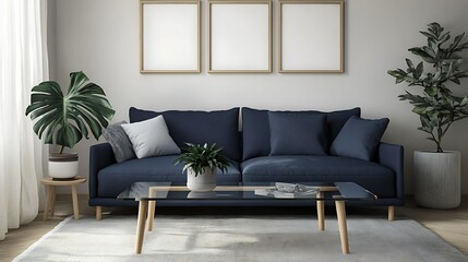 Modern living room interior with blue sofa, plants, and coffee table.