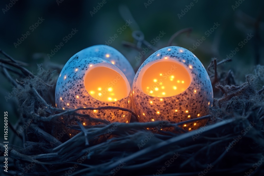 Aufkleber Nest featuring illuminated eggs creating a magical atmosphere in a serene natural setting at dusk