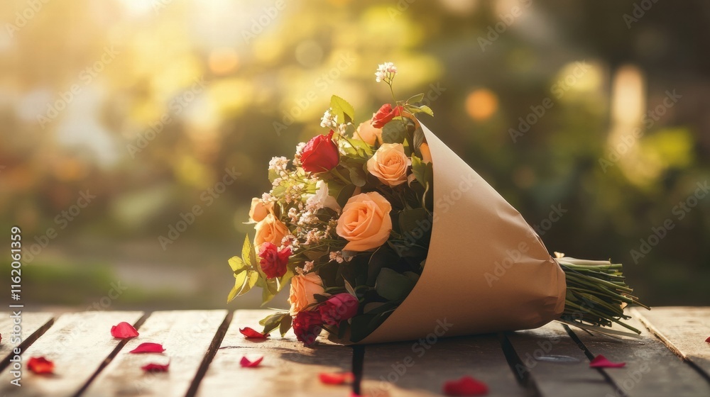 Poster delicate bouquet of roses and wildflowers wrapped in kraft paper on a wooden table with soft sunligh