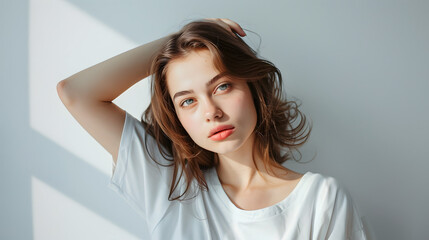Fototapeta premium Pretty joyfully female with fair hair, dressed casually, looking at camera. Studio shot of good-looking beautiful woman isolated against blank studio wall.