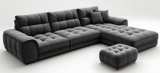 Fototapeta premium Modern gray sectional sofa with tufted cushions and ottoman.