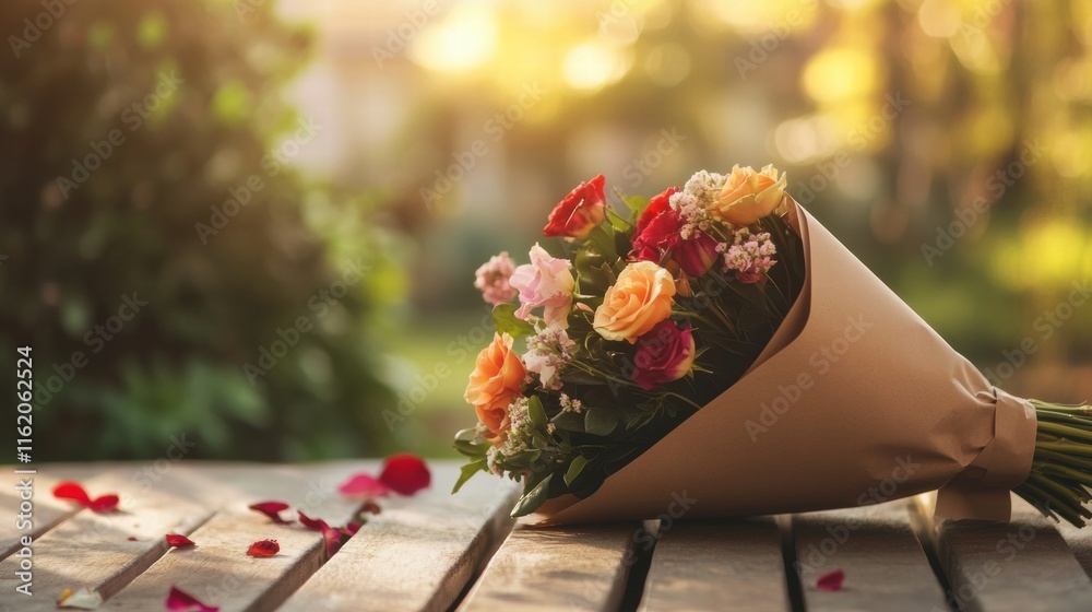 Aufkleber Beautiful bouquet wrapped in kraft paper placed on wooden table in a serene garden setting with copy space for text. Generative AI