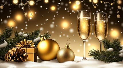 Festive Christmas Background with Champagne Glasses, Gift Box, Pine Branches, Snow, and Golden Bokeh Lights, Ideal for Holiday Party Invitations and Card Design.