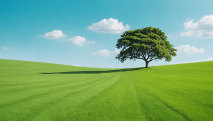 Green grass field with tree and blue sky
