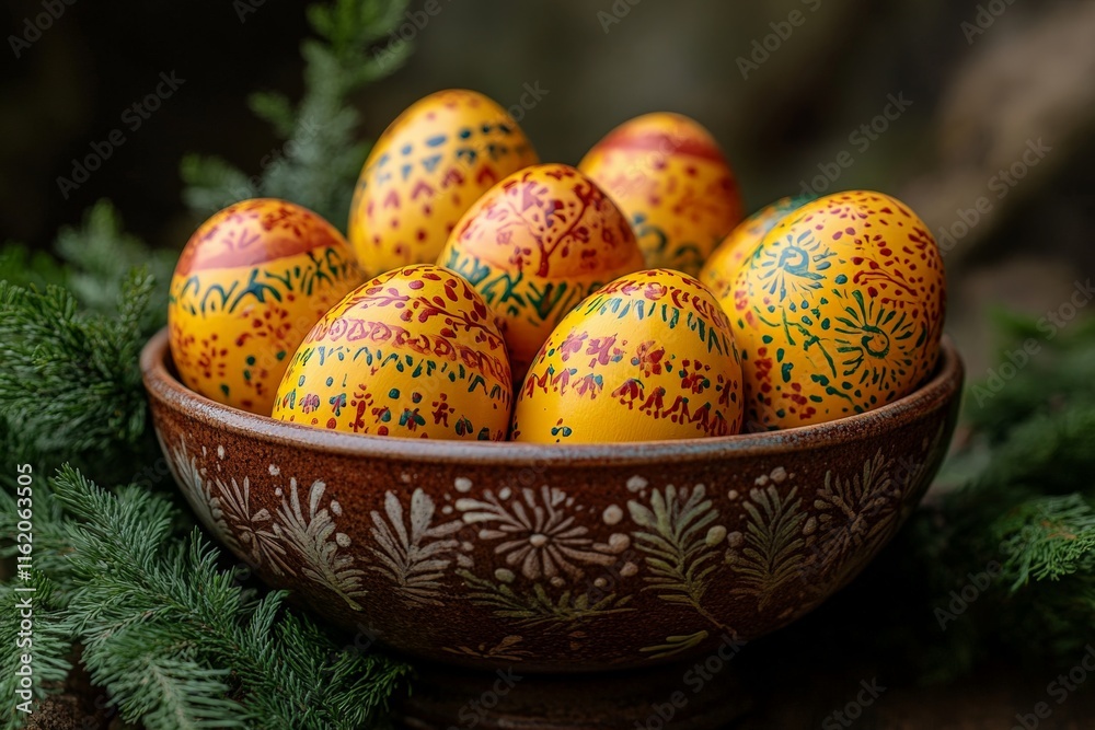 Poster Decorative yellow eggs with intricate patterns displayed in a rustic bowl surrounded by greenery