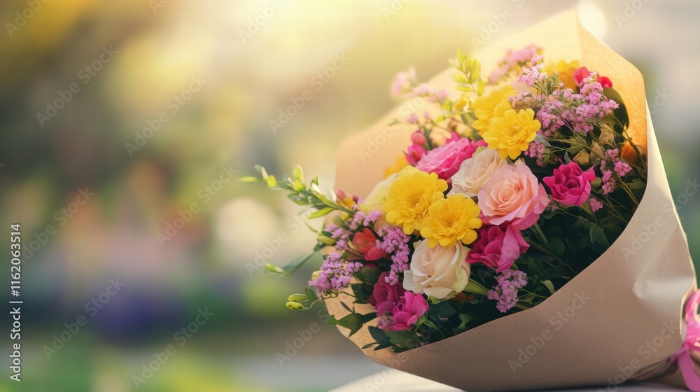 Aufkleber colorful flower bouquet wrapped in kraft paper resting in a bright outdoor setting with space for pe