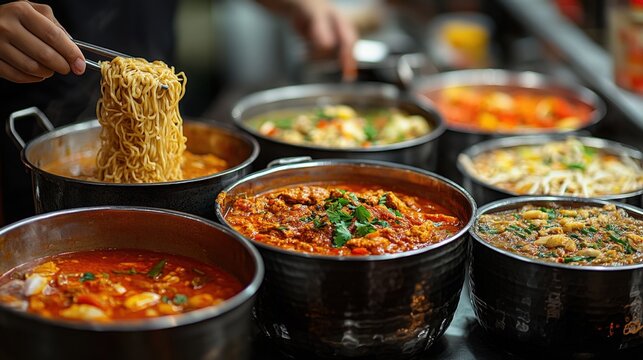 Close-up of various delicious Asian noodle and stew dishes in large metal pots.