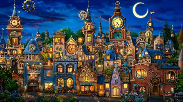 Steampunk cityscape at night with illuminated buildings and whimsical clocks under a crescent moon