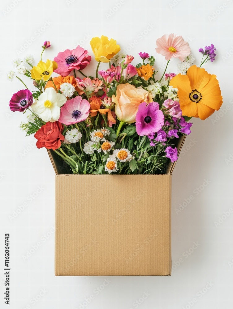 Poster vibrant fresh flowers beautifully arranged in a cardboard delivery box with ample space for customiz