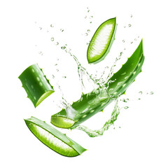 Fresh aloe vera leaves splashing in aloe vera juice isolated transparent background