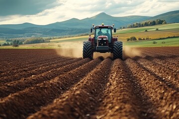  Farm worker driving tractor prepares for harvest