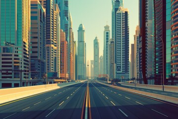 Obraz premium Retro Dubai cityscape with skyscrapers and modern urban view.
