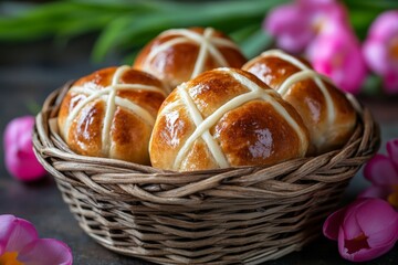 Freshly baked hot cross buns in a woven basket surrounded by vibrant flowers